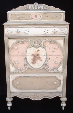Tan and pink cabinet-top dresser with splashboard; 1930s.